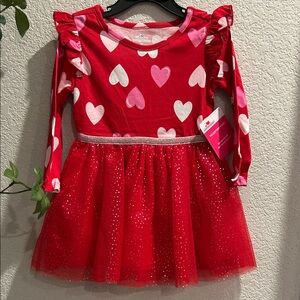 Red Heart Patterned Dress with Tulle Skirt